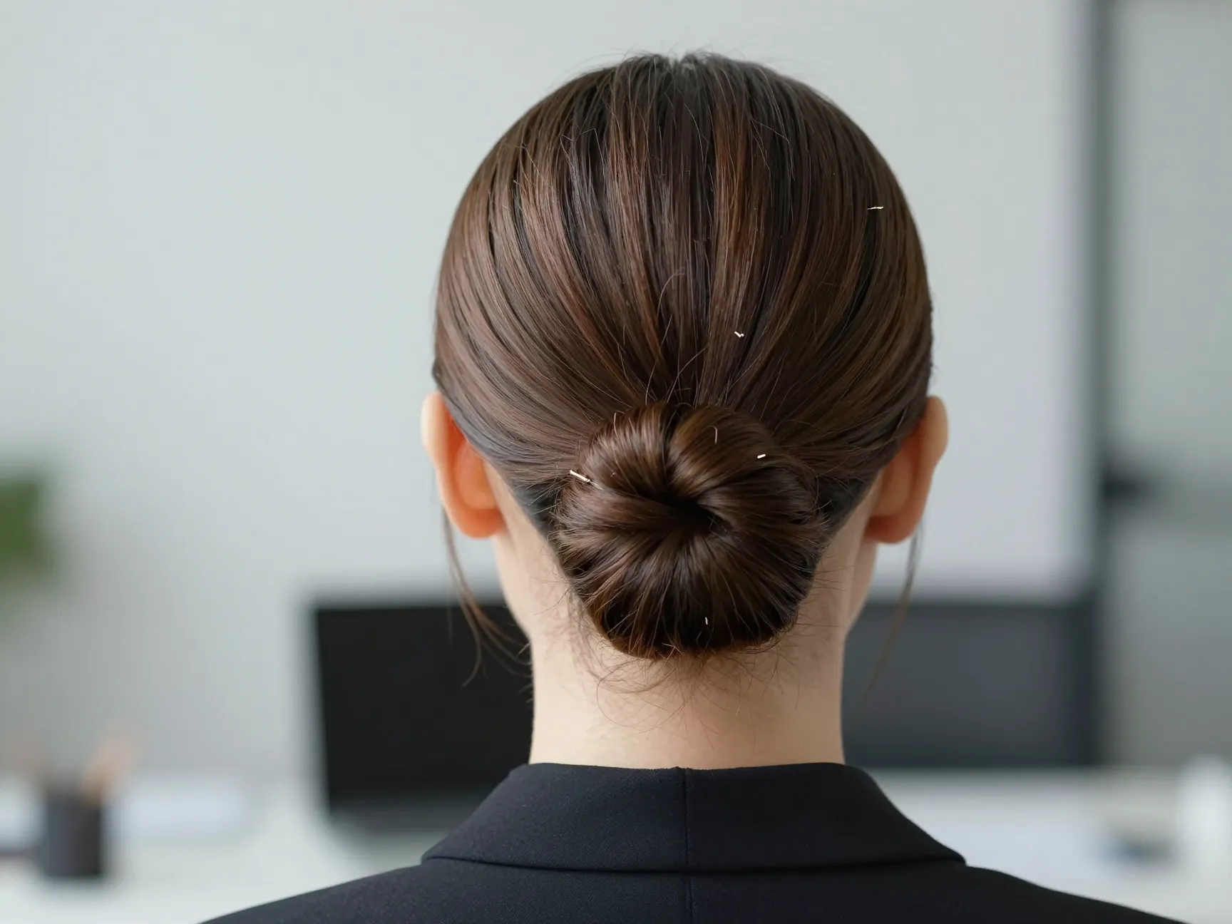 Sleek low chignon bun with face framing pieces