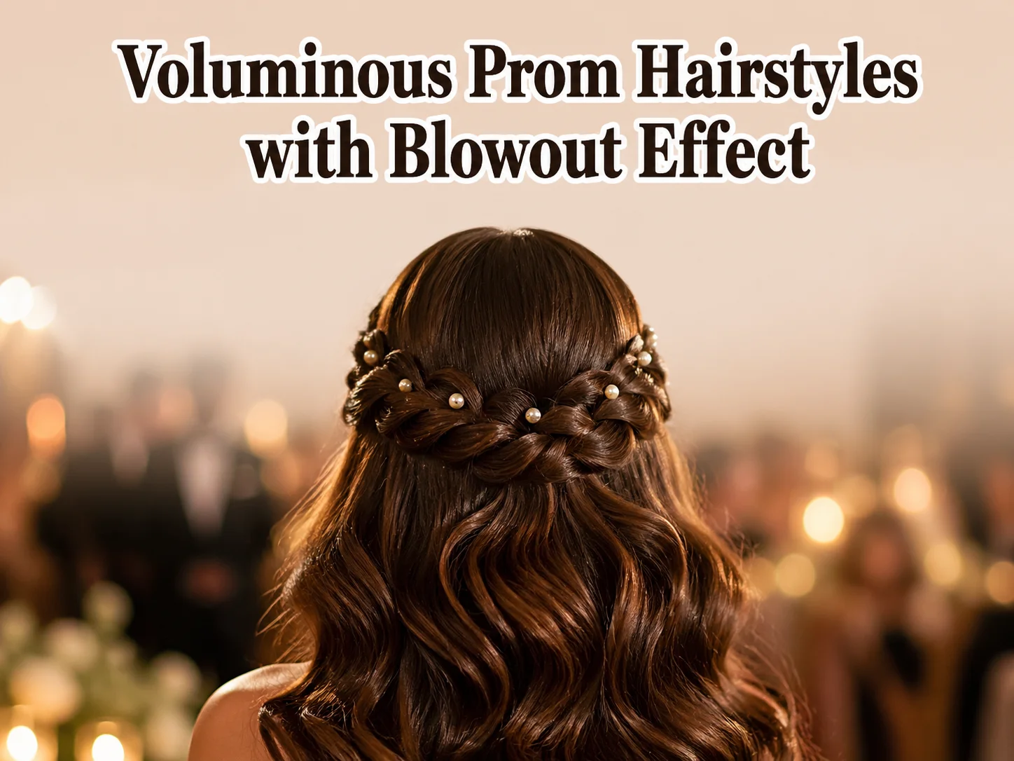 Brunette blowout waves with braided crown pearl pins romantic prom hair