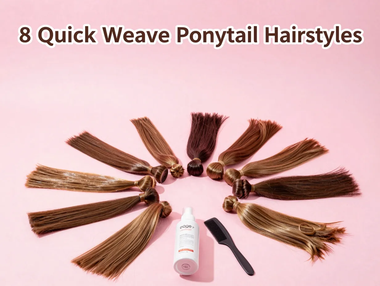 Eight sleek straight weave ponytail styles flat lay display