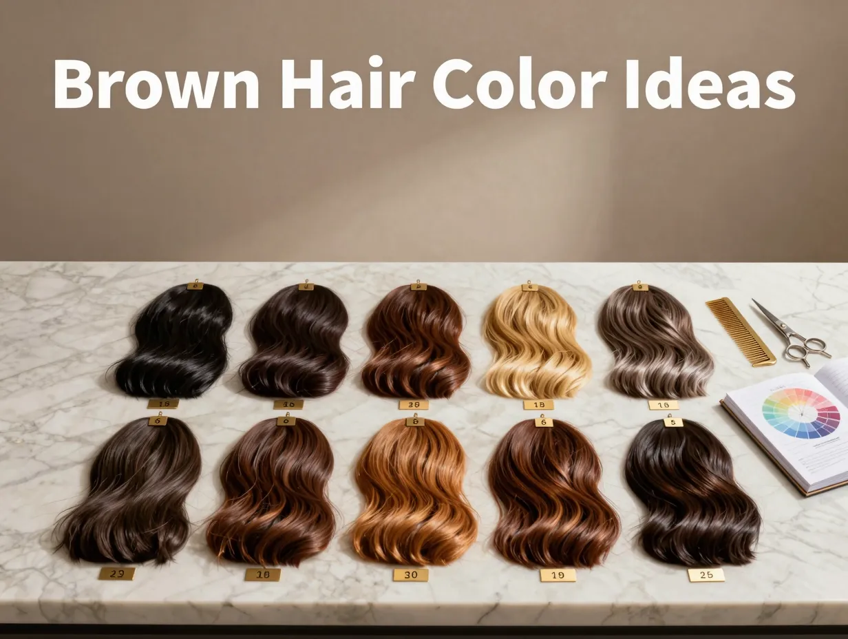 Salon moodboard nine brown hair color swatches on marble 2026 trends