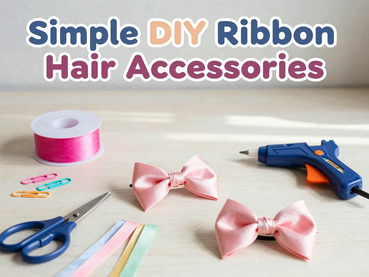 Spool ribbon hair clips scissors bows streamers craft table flatlay
