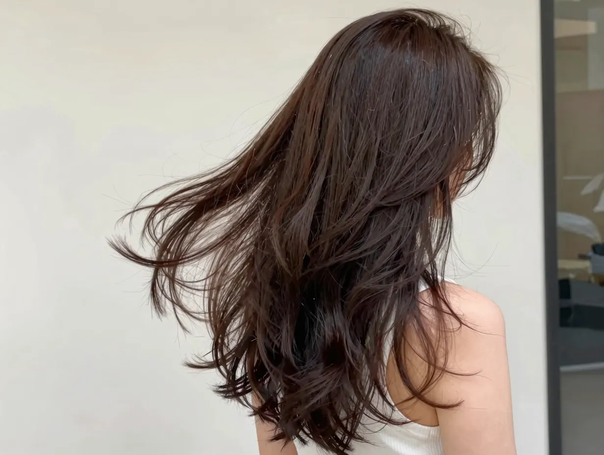 Classic butterfly cut with long cascading layers on wavy hair