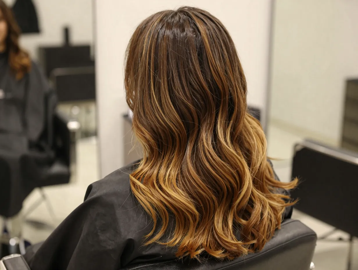 Classic caramel balayage on dark brown hair in salon