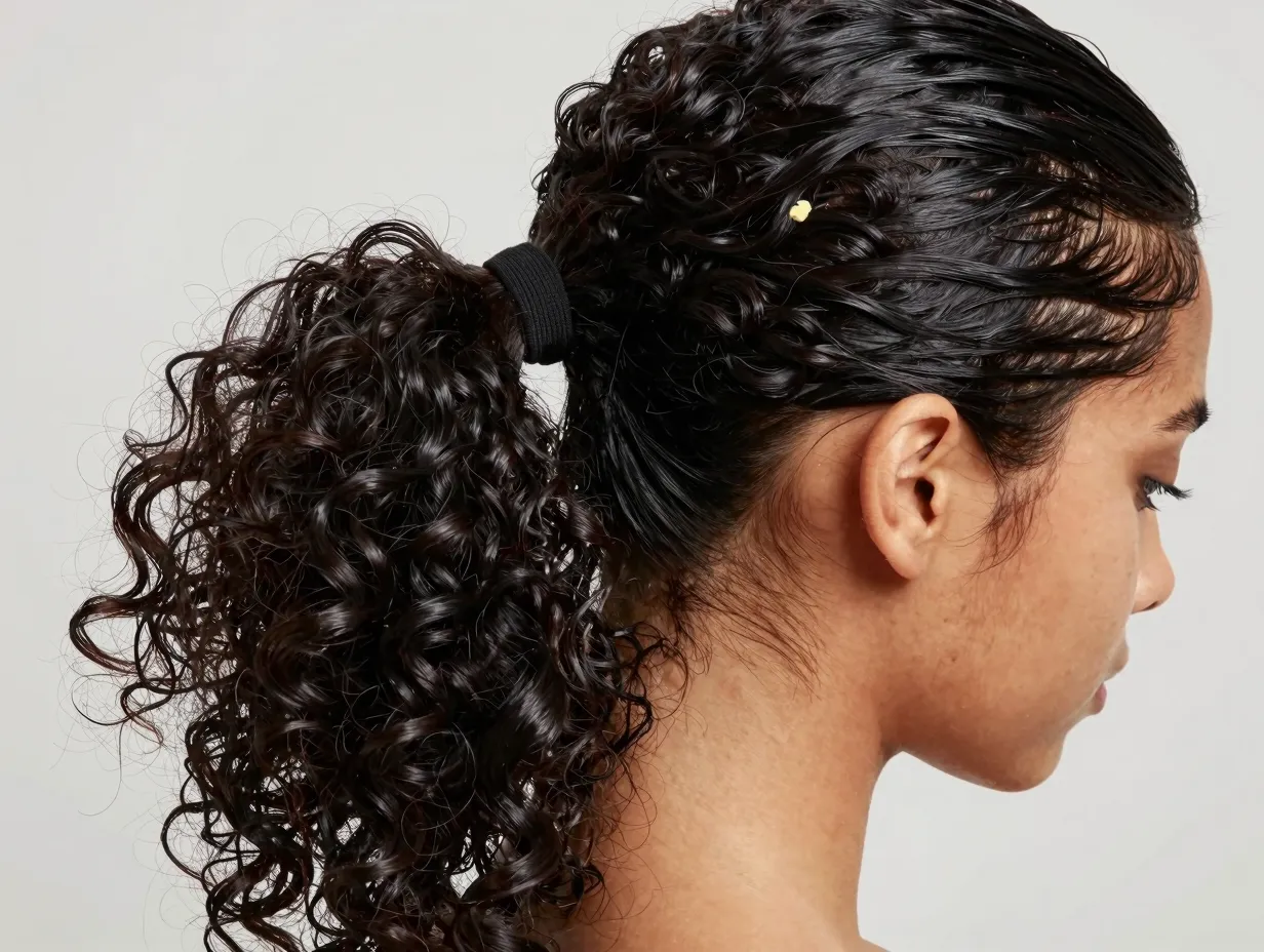 Slicked back curly low ponytail with cream edge control and snag free band