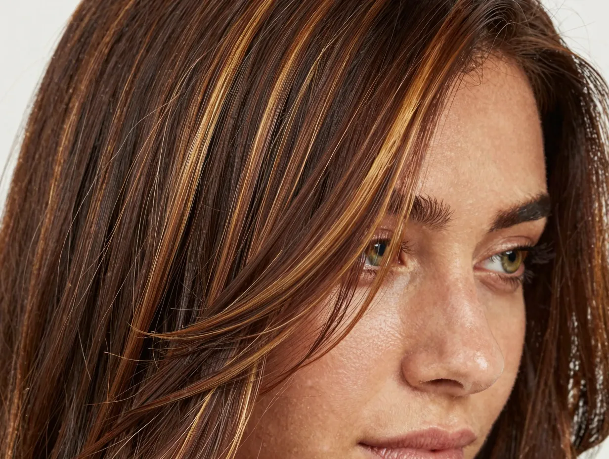 Butterscotch highlights on chocolate brown hair with amber gloss