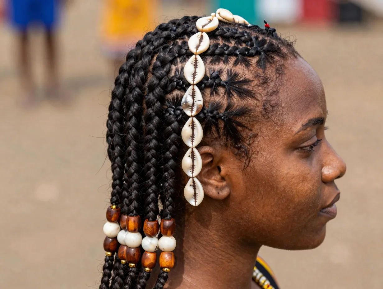 Fulani cornrows center braid with cowrie shell and wood beads