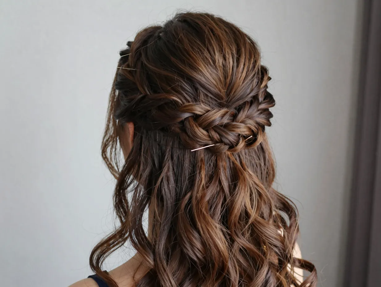 Half up rosette style elegant braided crown photo friendly