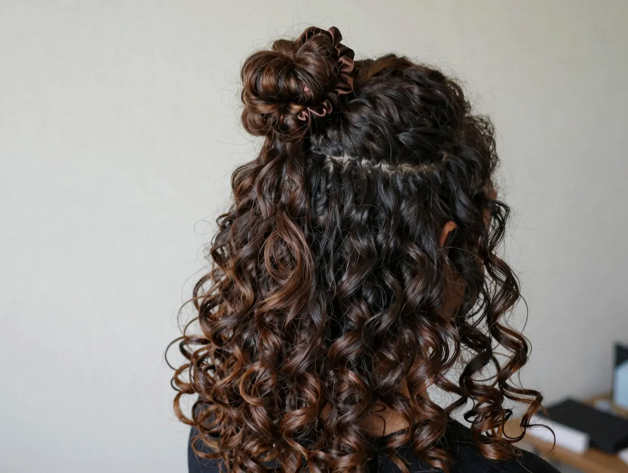 Half up top knot hairstyle with curly hair loose bottom