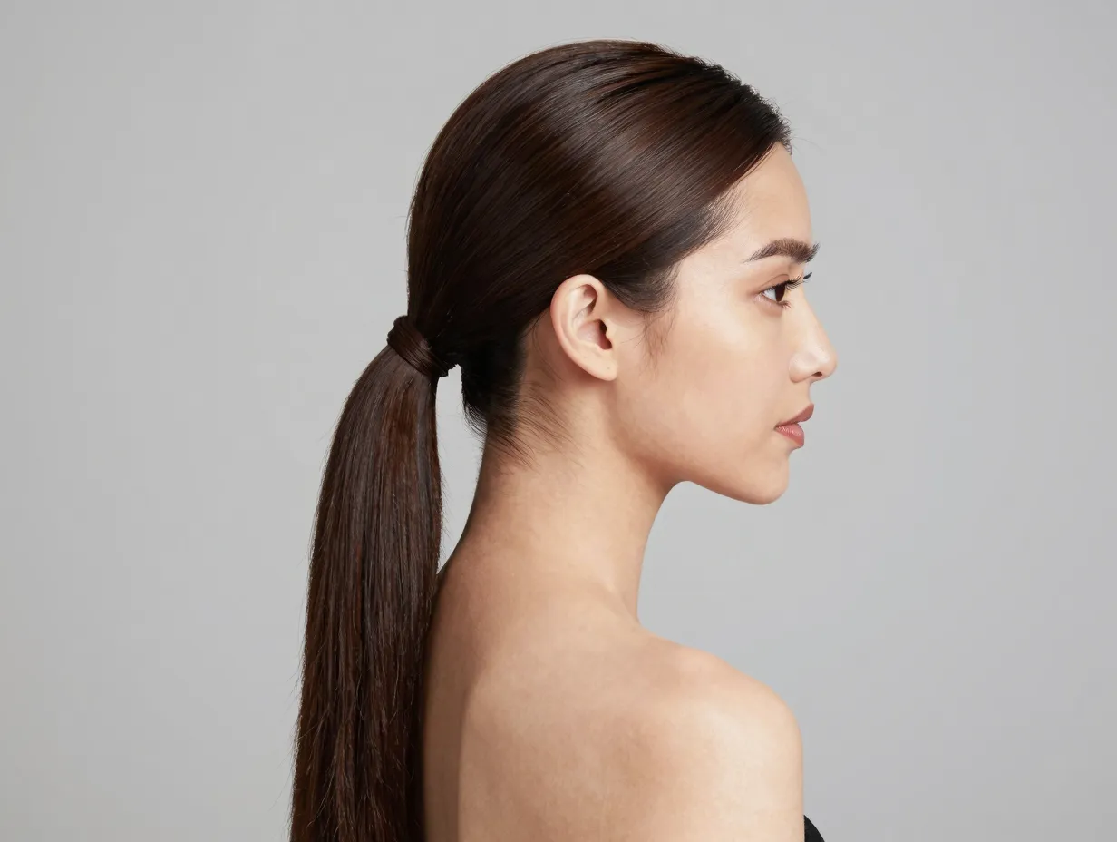 Low sleek ponytail at nape for professional date night