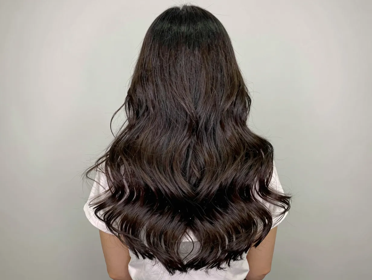 V shaped butterfly cut on thick ultra long wavy hair