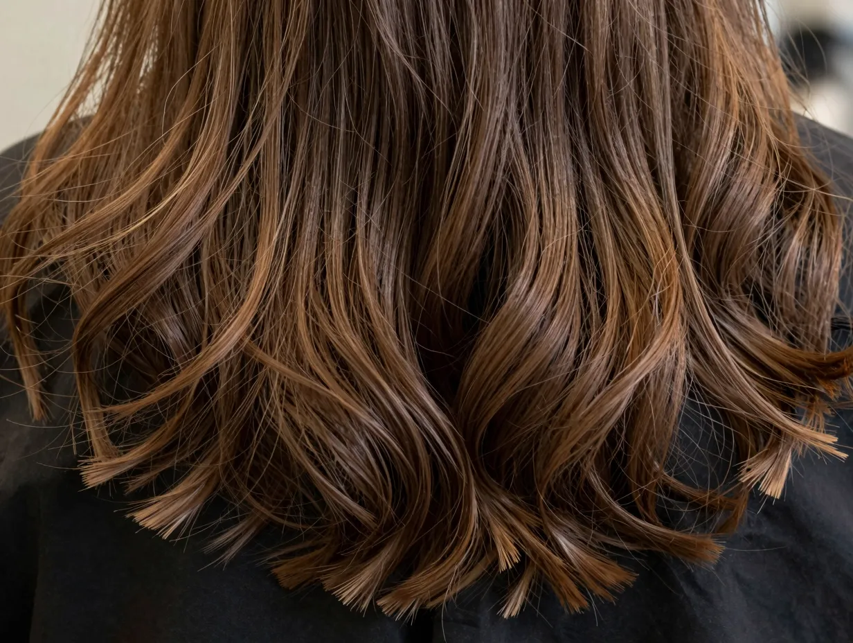 Razor edged butterfly cut with feathered ends on wavy hair