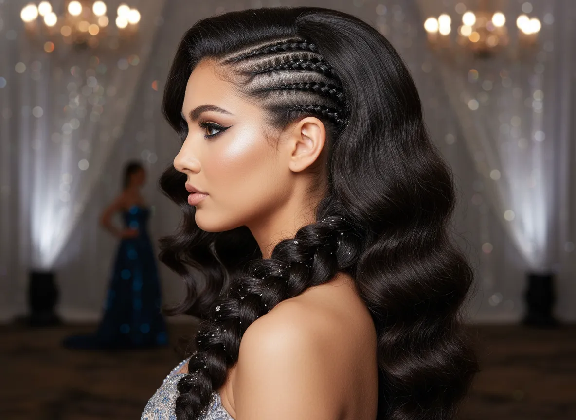 Side braid embellished blowout editorial sleek cornrows hair glitter