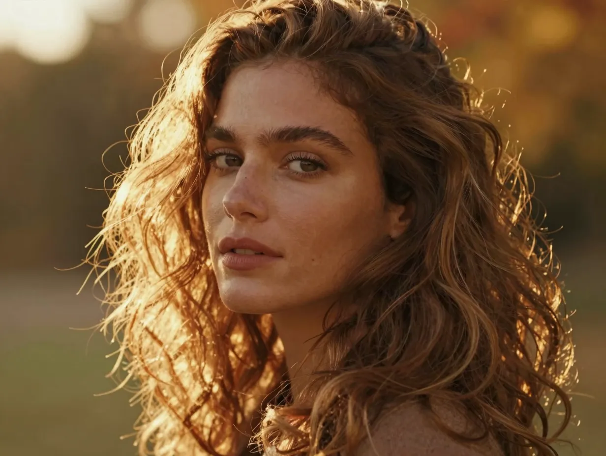 Warm golden brown hair autumn sunlight luminous glow