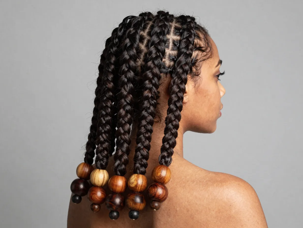 Woman with thick jumbo cornrows and large wooden bead ends