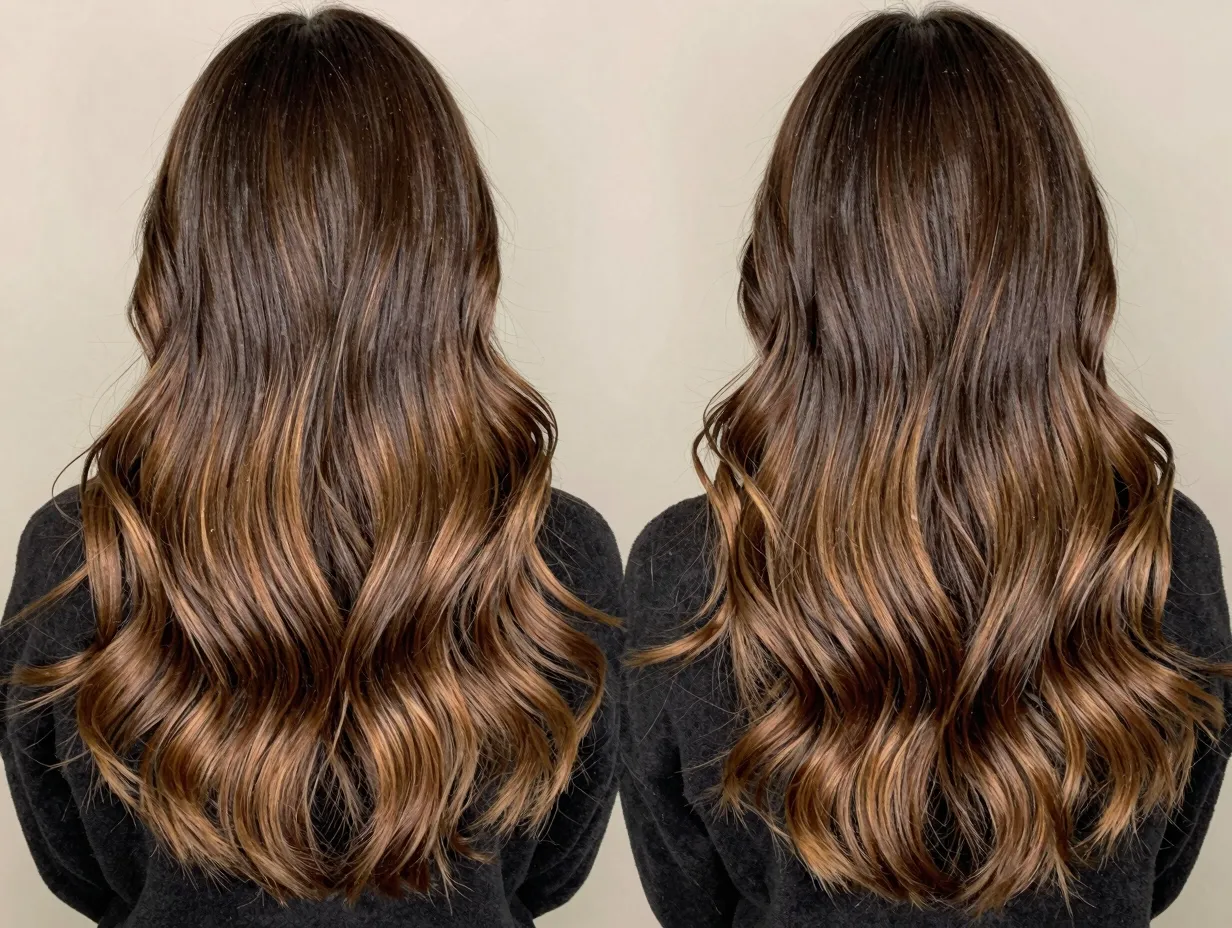 Caramel balayage on dark wavy hair soft blended gradient