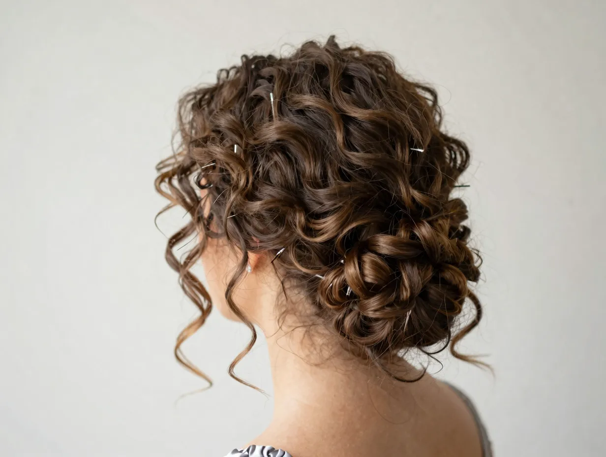 Casual loose updo with curly hair and face framing pieces