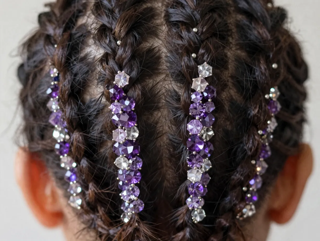 Detailed back view small cornrows with amethyst crystal beads