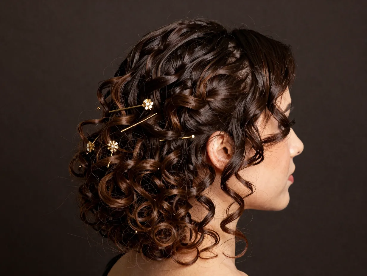 Half up sleek bun with loose curls and decorative gold hair pins