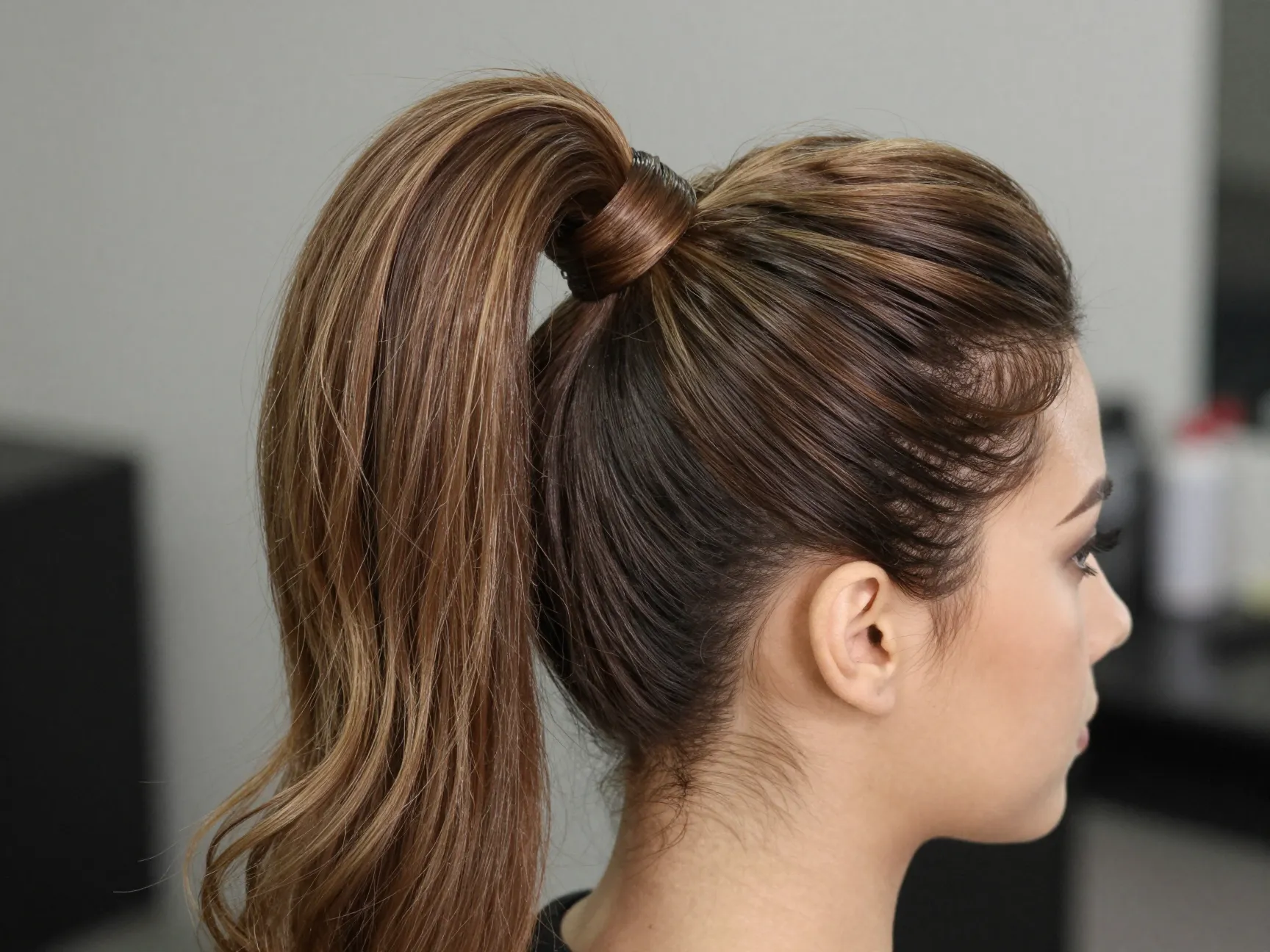 Voluminous high ponytail crown teased strong elastic shine
