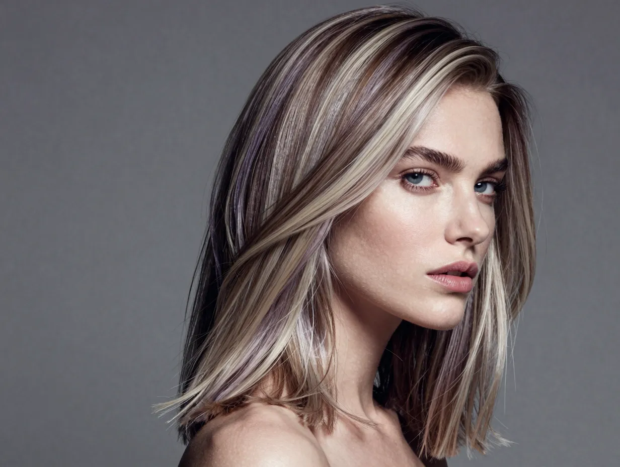 Ash blonde and cool mocha brown hair on fair skin