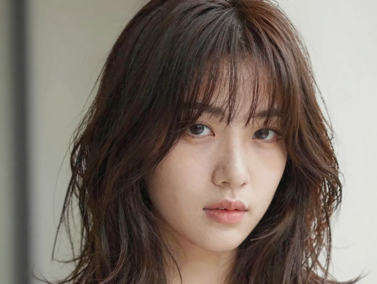 Butterfly haircut with wavy curtain bangs blended into layers