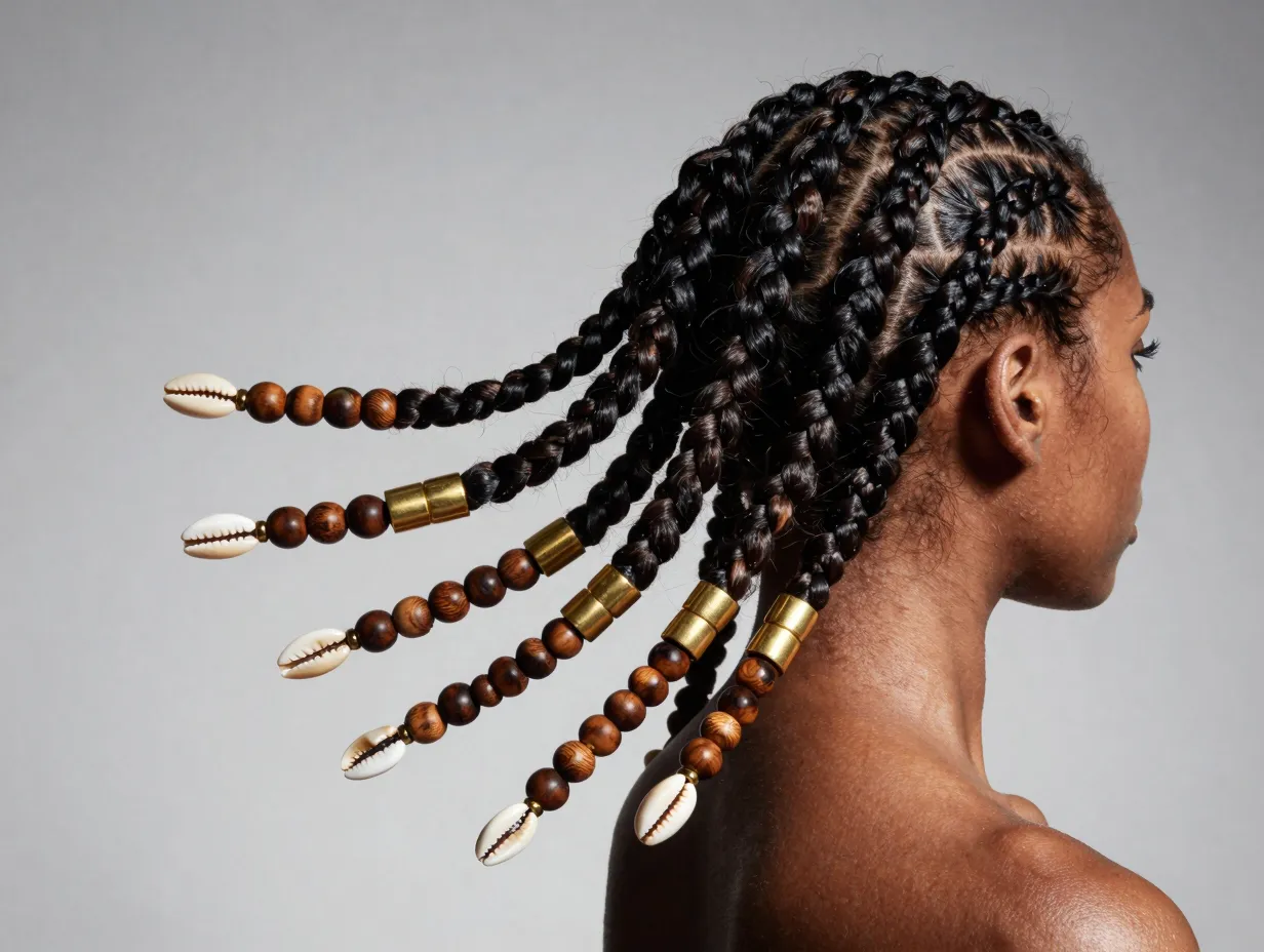 Model side swept cornrows cluster of gold wood shell beads