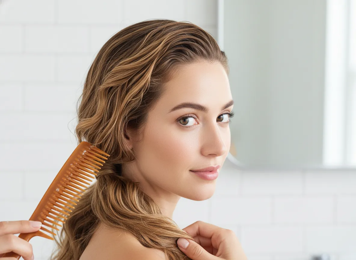 Sleek side ponytail on 2b hair with wide tooth comb and leave in conditioner