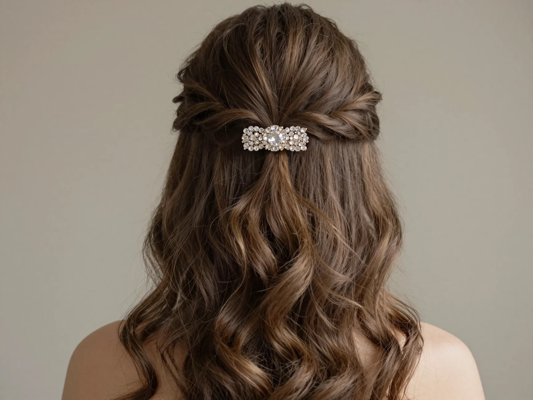 Soft voluminous half up half down princess style jeweled clip
