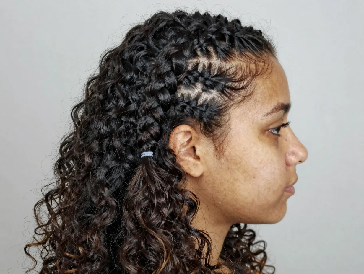 Braided hairline with french braid and free curly hair