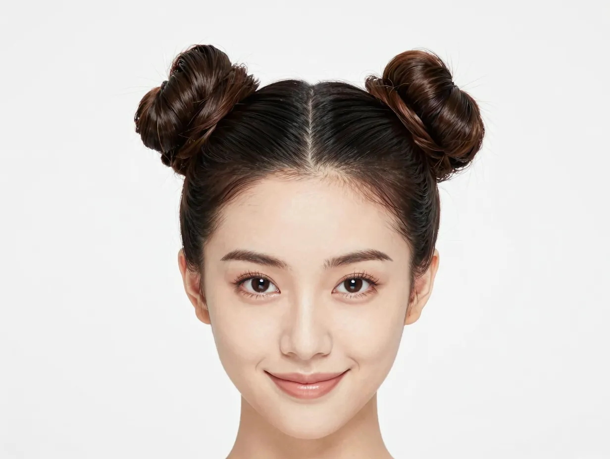Center parted slicked back space buns on 3a hair with strong hold gel