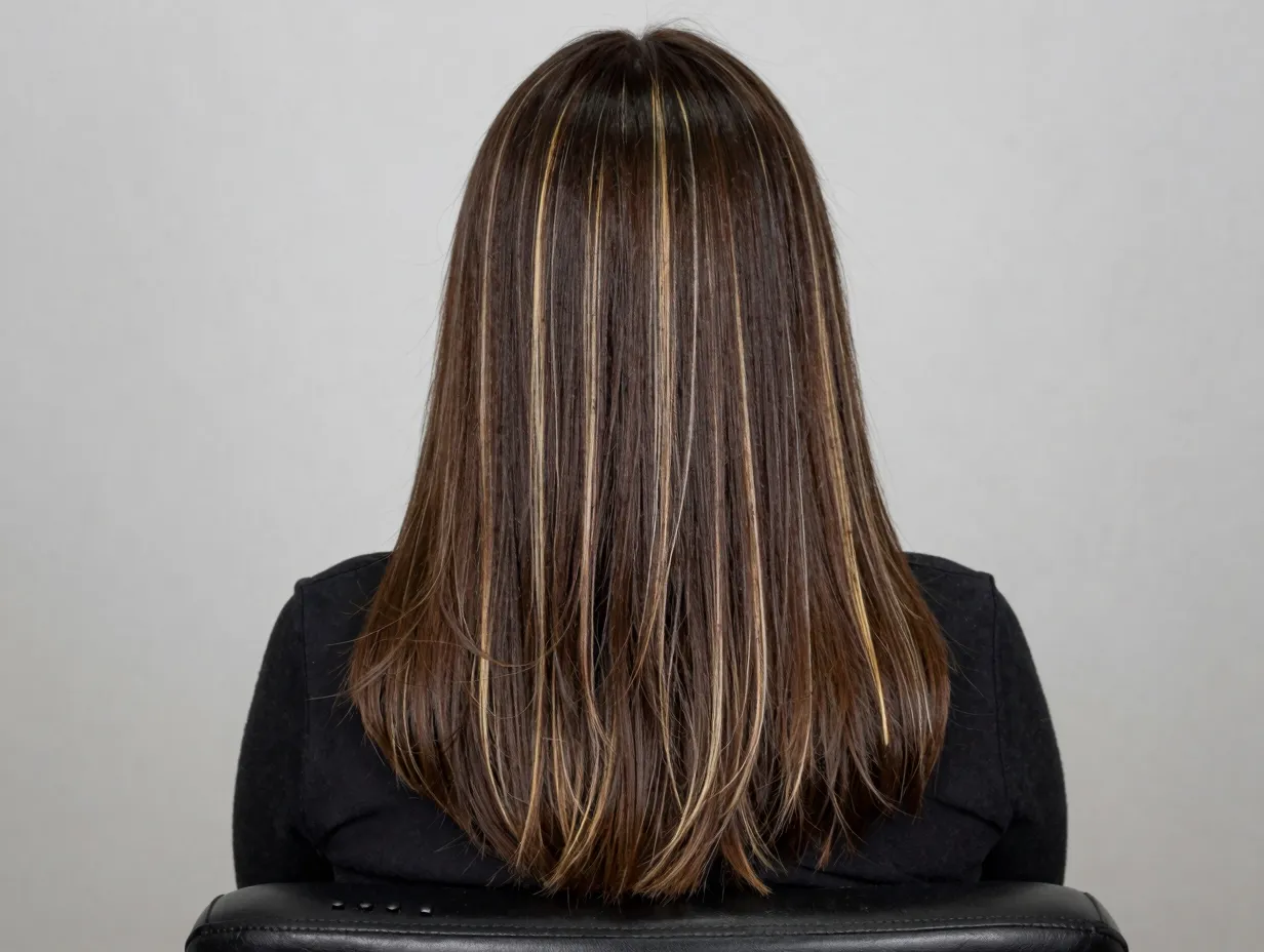 Dark brown hair with fine blonde babylights contrast dimension