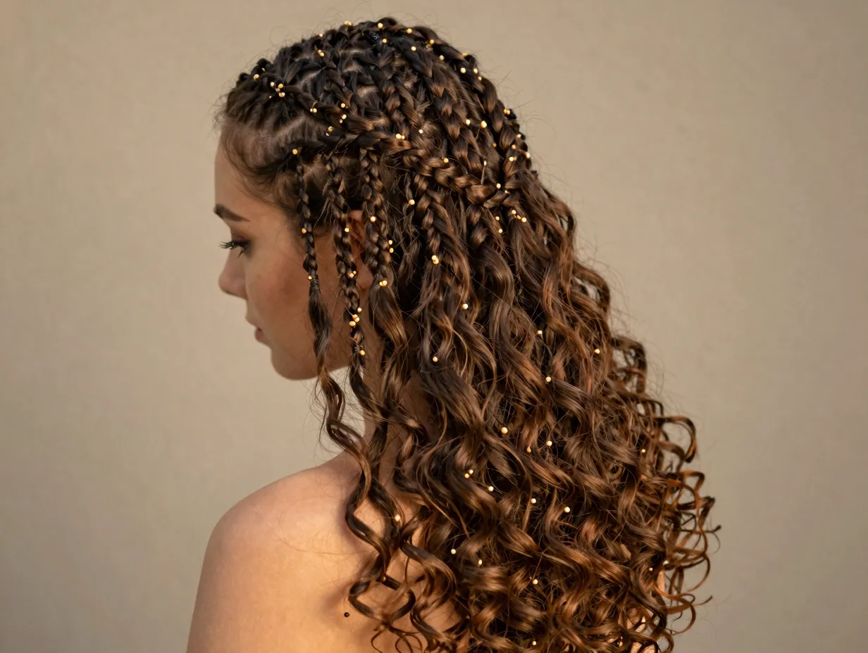 Goddess cornrows transition to loose curls with seed beads