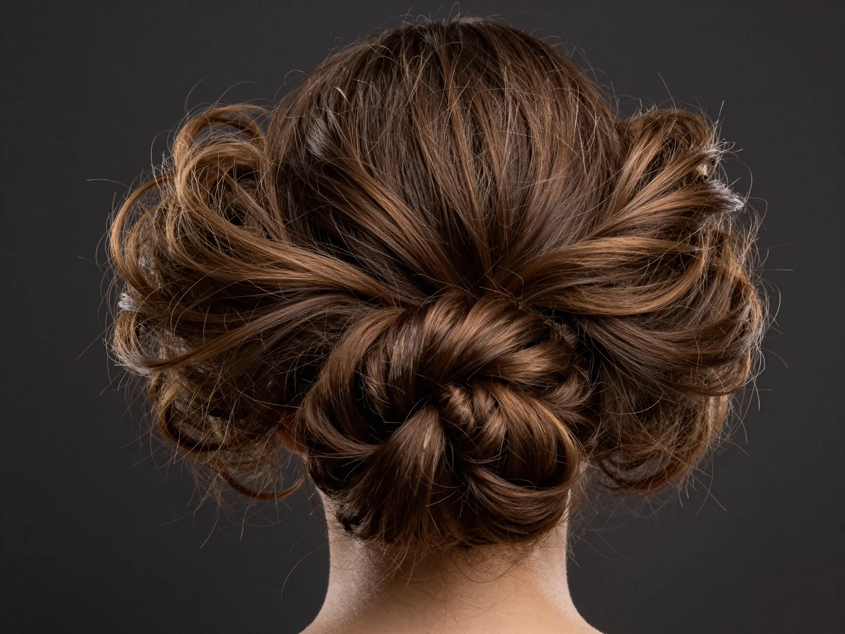 Statement voluminous bun thick hair large textured fanning sections