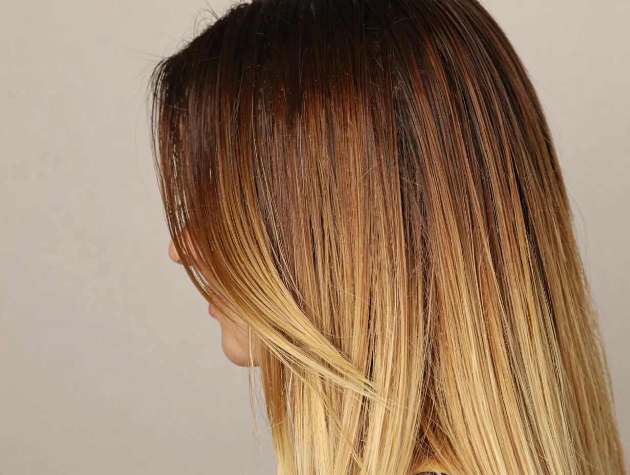 Color melting gradient dark root to light blonde ends