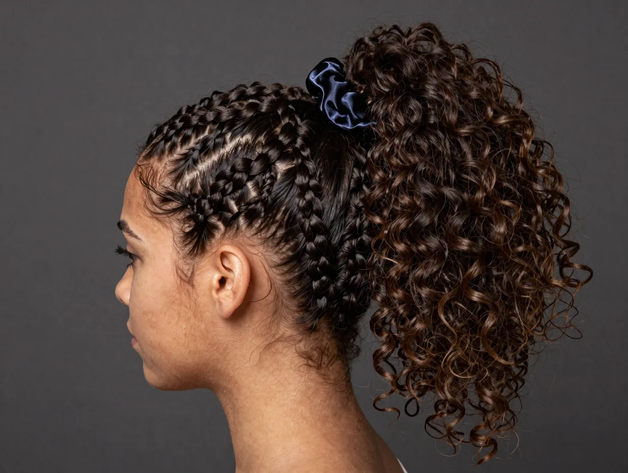 Flat twist ponytail with two front twists and high puff