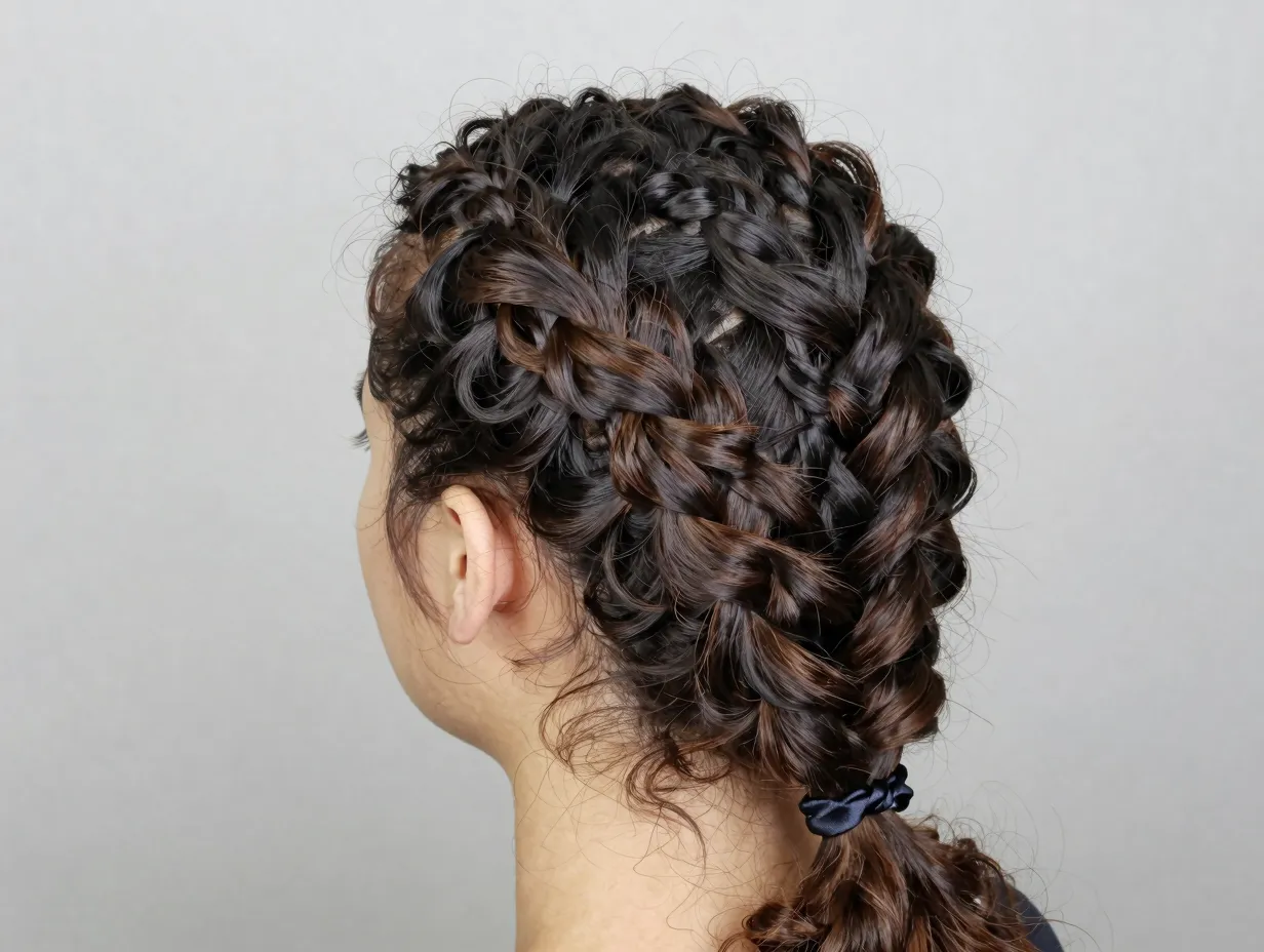 Dutch braid on curly hair from crown to nape