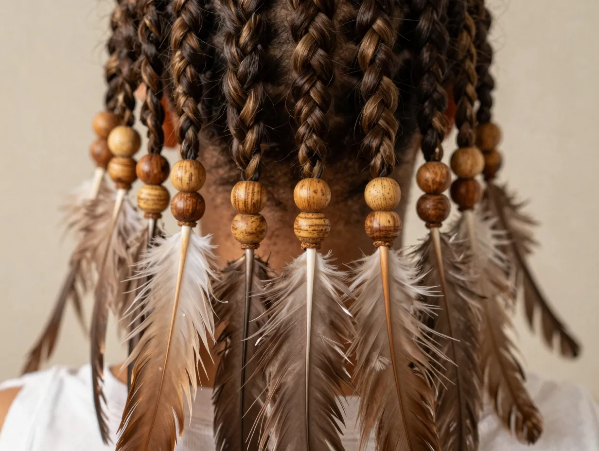 Knotless braid ends with brown feather charm and wood beads