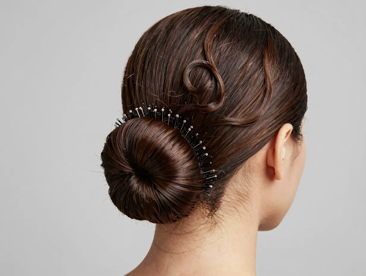 Sleek low bun at nape with defined edges using edge control and boar brush