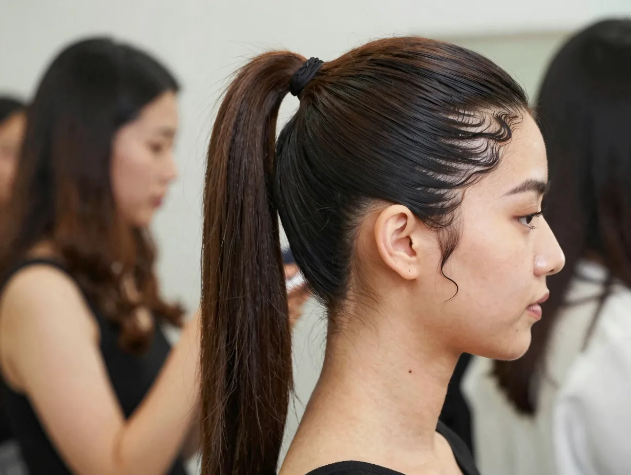 Sleek ponytail with sculpted swooped edges for social brunch