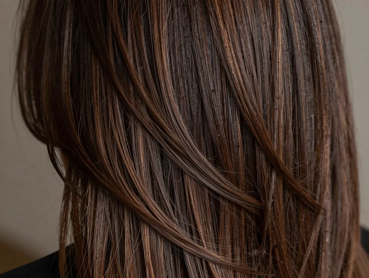 Chocolate brown balayage glazed hot chocolate subtle streaks