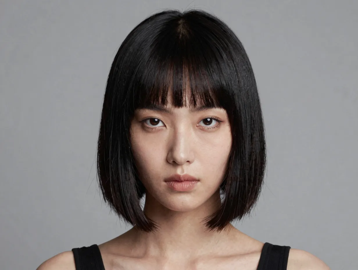 Micro fringe bob short statement bangs bold dramatic edge