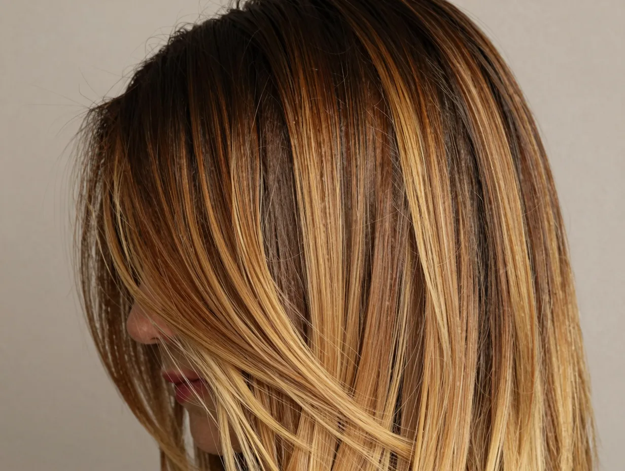 Root smudge dark espresso blended into caramel blonde