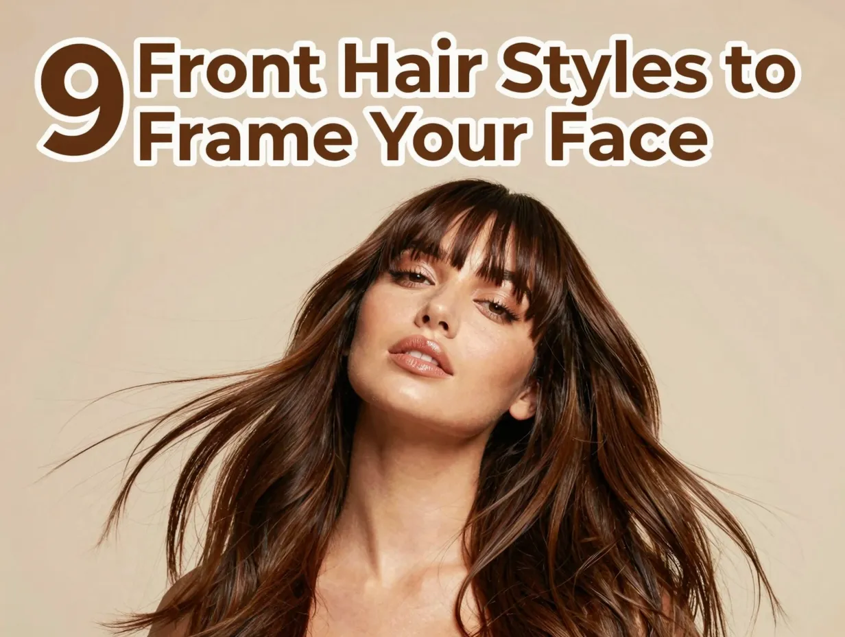 Face framing bottleneck bangs layers woman studio beauty shot