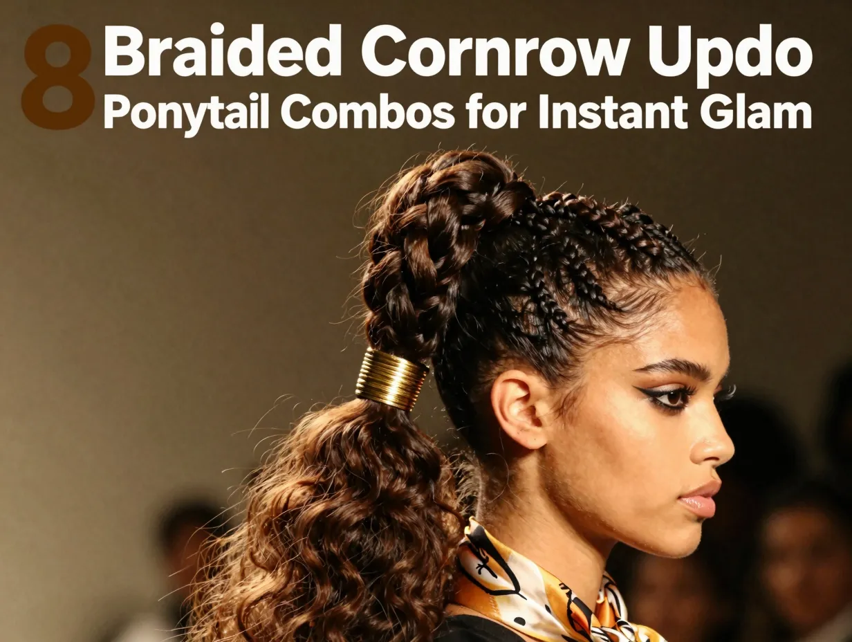 Gold cuffed cornrow high ponytail cascading curls silk scarf