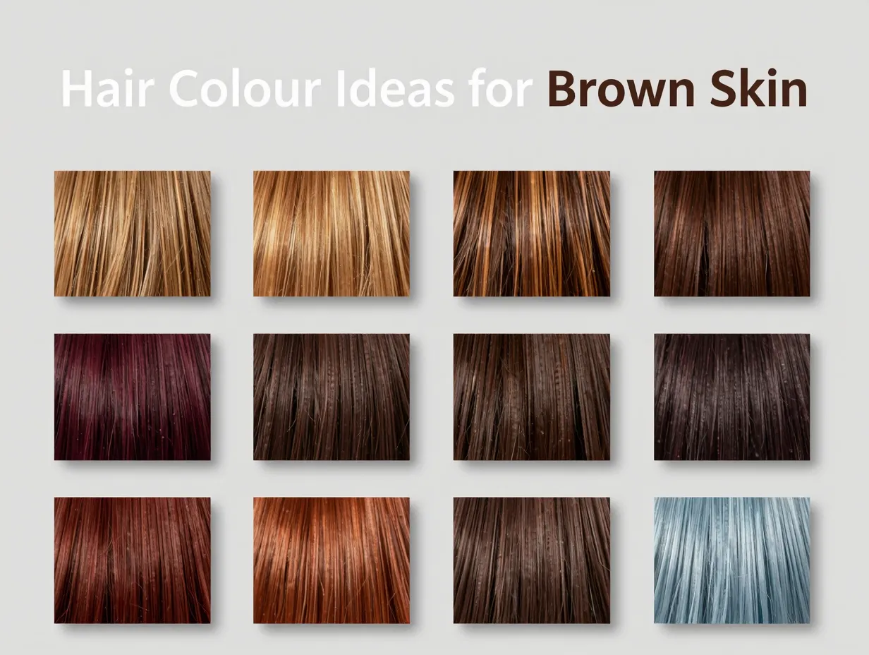 Grid of nine hair colour samples for brown skin tones