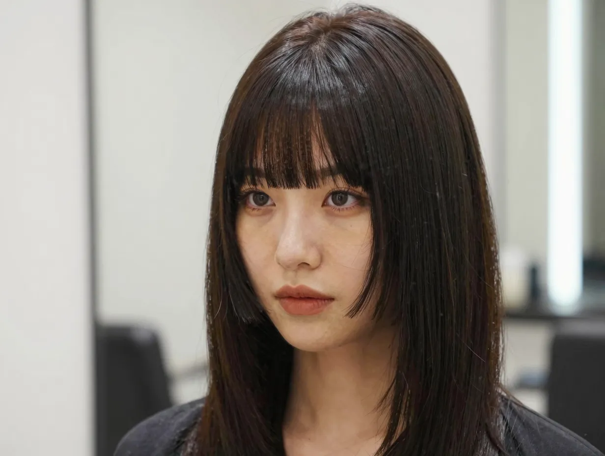 A woman with bottleneck bangs in a softly lit salon mirror portrait