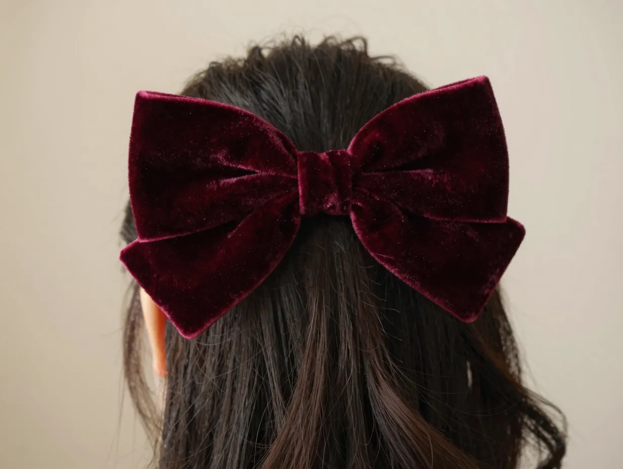 Classic half up hairdo with large velvet bow at crown