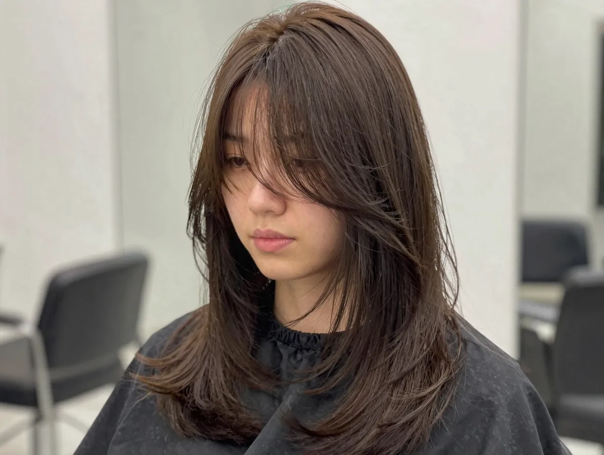 Classic long butterfly haircut with curtain bangs parted in center
