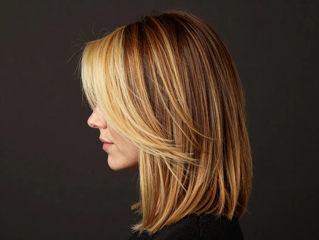 Classic warm blonde money piece on dark brown hair