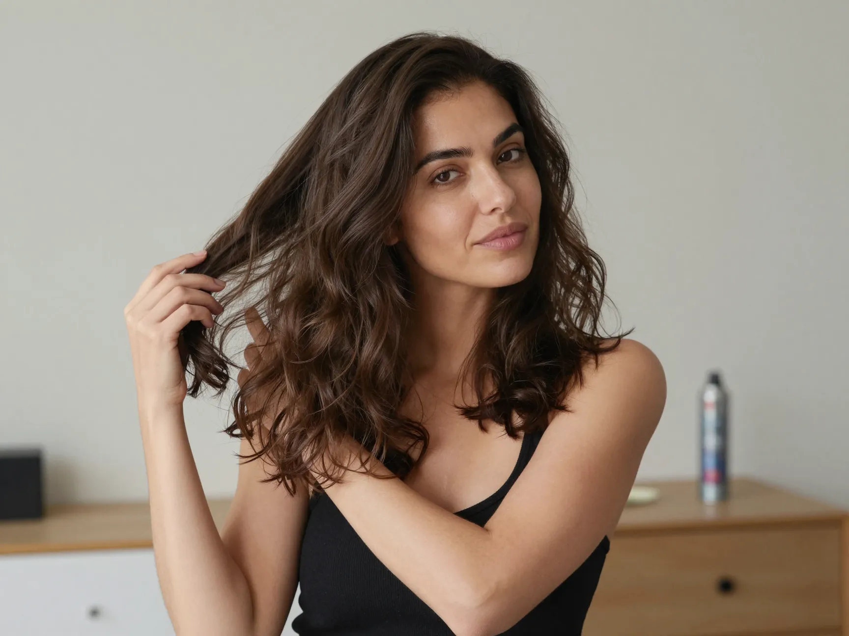 Medium length loose waves from curling wand styled on relaxed brunette woman